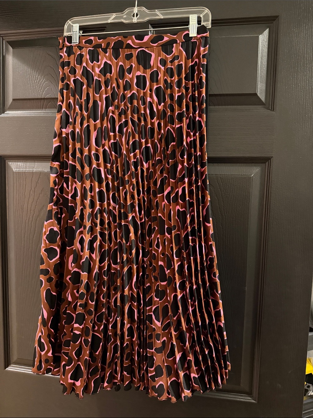 Something Pretty Leopard Print Pleated Midi Skirt Pink Brown Size S